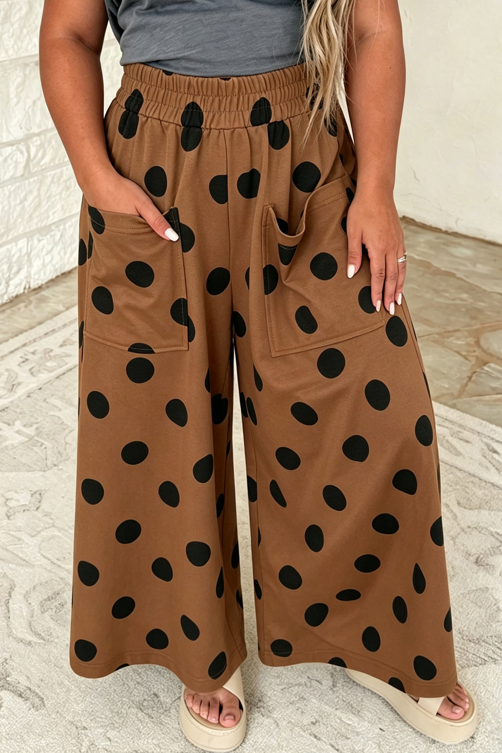 Brown Polka Dot Elastic Waist Wide Leg Plus Size Pants PREORDER ETA 3 WEEKS