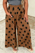 Brown Polka Dot Elastic Waist Wide Leg Plus Size Pants PREORDER ETA 3 WEEKS