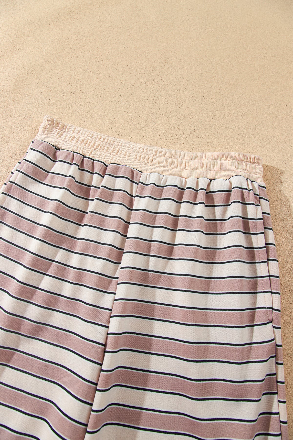 Khaki Stripe Contrast Trim Long Sleeve Top Elastic Waist Pants Set PREORDER ETA 3 WEEKS