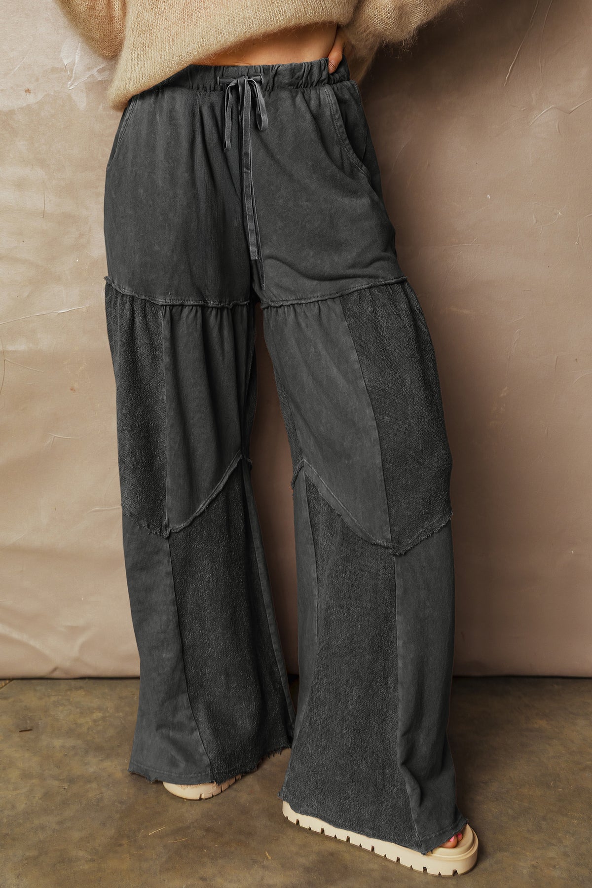 Black Mineral Wash Tiered Wide Leg Patchwork Drawstring Pants PREORDER ETA 3 WEEKS