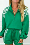 Bright Green Plaid Patchwork Half Zip Pullover Drawstring Short Set PREORDER ETA 3 WEEKS