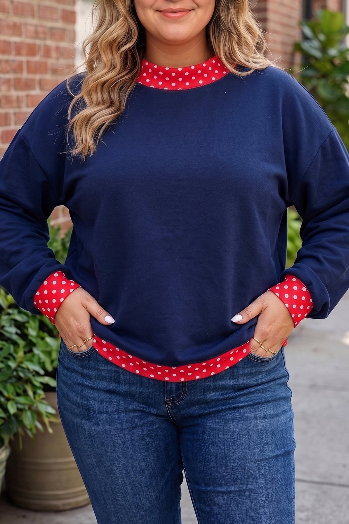 Brown Polka Dot Patchwork Round Neck Plus Size Sweatshirt PREORDER ETA 3 WEEKS