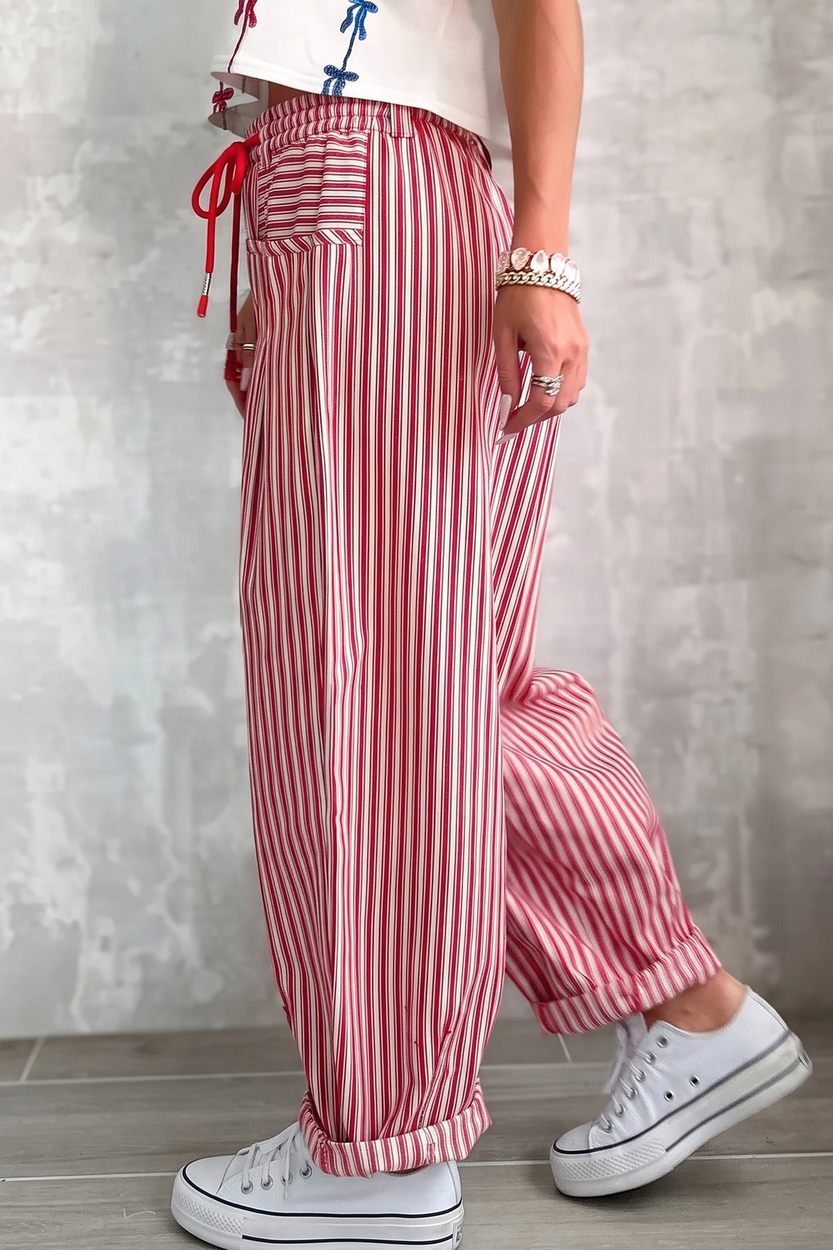 Red Stripe Drawstring Casual Loose Pants PREORDER ETA 3 WEEKS