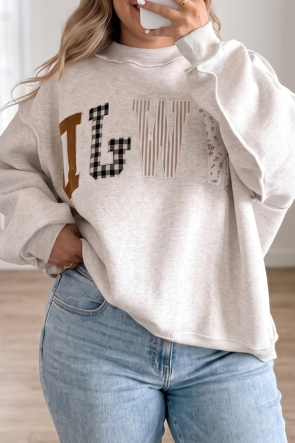 Gray WWJD Mix Pattern Letter Graphic Exposed Seam Loose Plus Size Sweatshirt PREORDER ETA 3 WEEKS