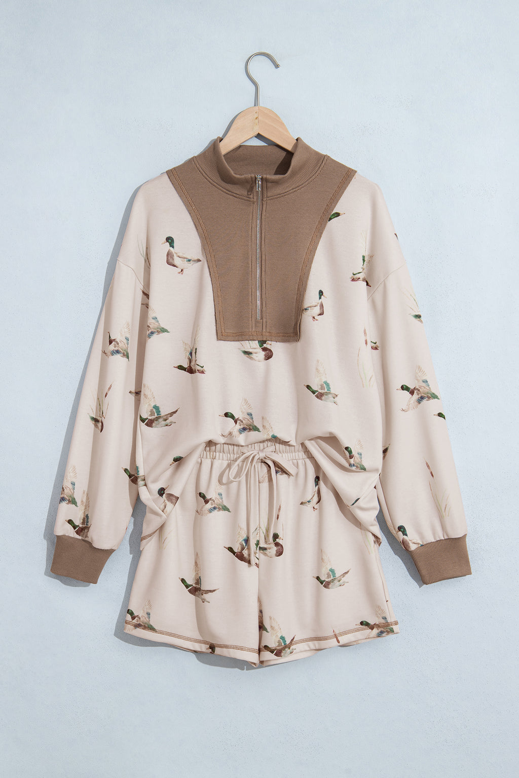 Khaki Mallard Print Color Block Patchwork Zip Pullover and Shorts Set PREORDER ETA 3 WEEKS