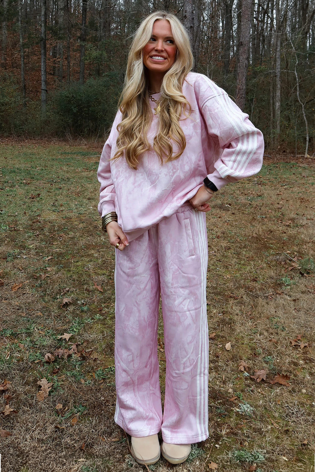 Pink Abstract Print Side Stripe Detail Long Sleeve Top Loose Pants Set PREORDER ETA 3 WEEKS