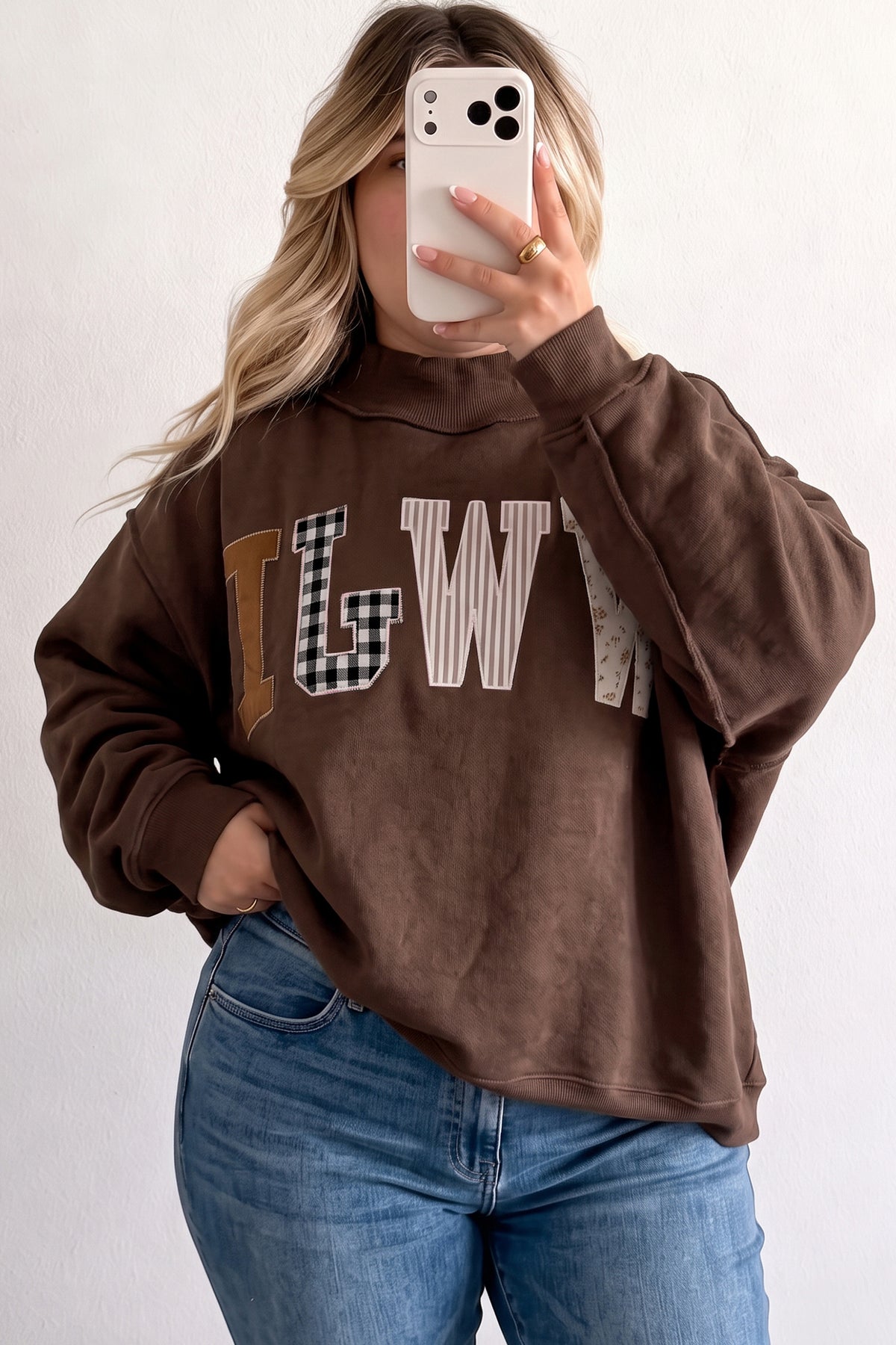 Coffee WWJD Mix Pattern Letter Graphic Exposed Seam Loose Plus Size Sweatshirt PREORDER ETA 3 WEEKS