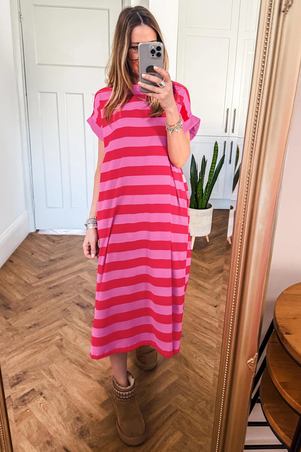 Rose Stripe Cuffed Short Sleeve Pocketed Casual T Shirt Long Dress PREORDER ETA 3 WEEKS