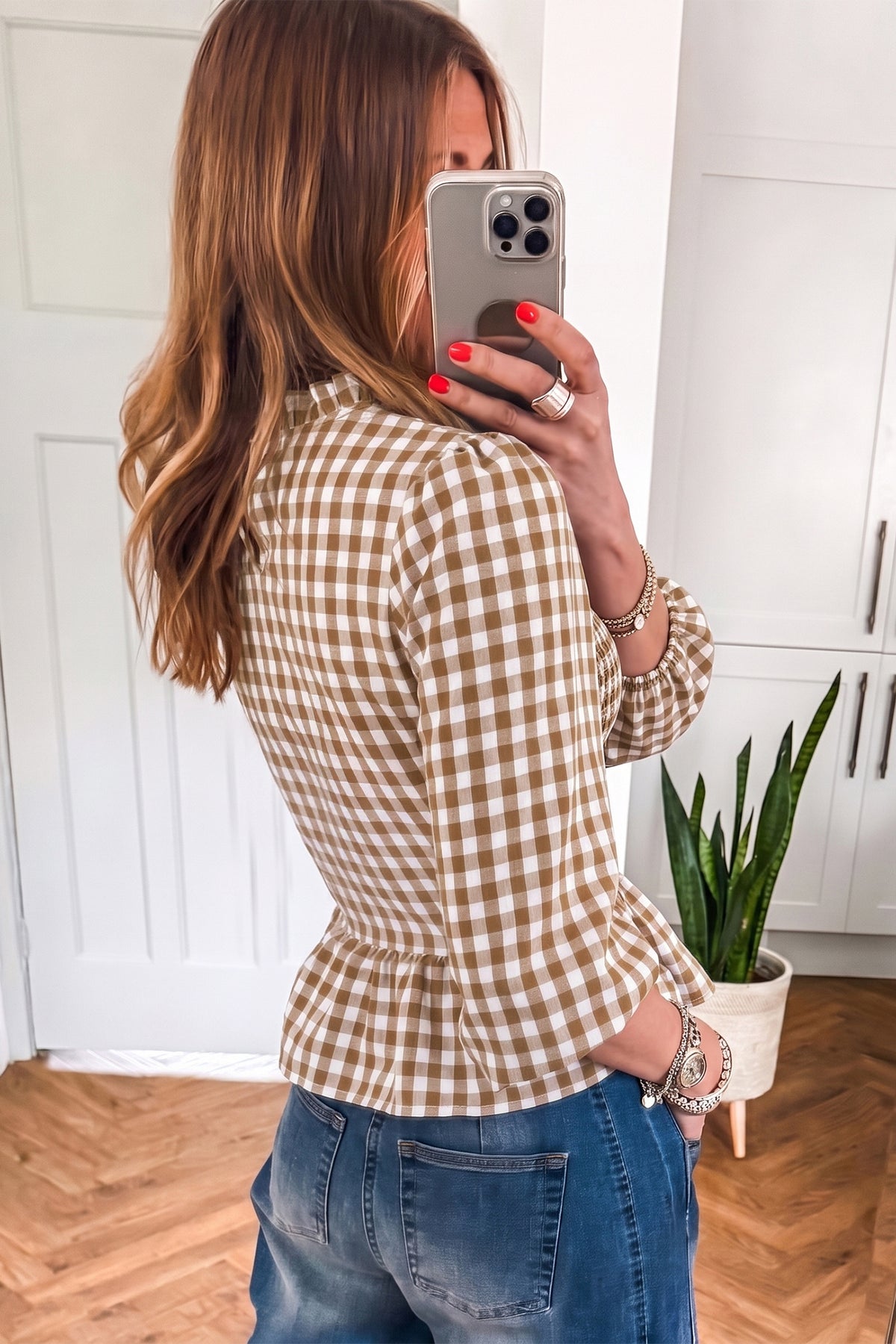 Brown 3/4 Sleeve Shirred Plaid Peplum Top PREORDER ETA 3 WEEKS
