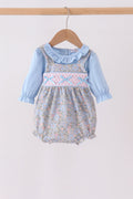 Blue Floral Bow Smocked 2pc Bubble Set
