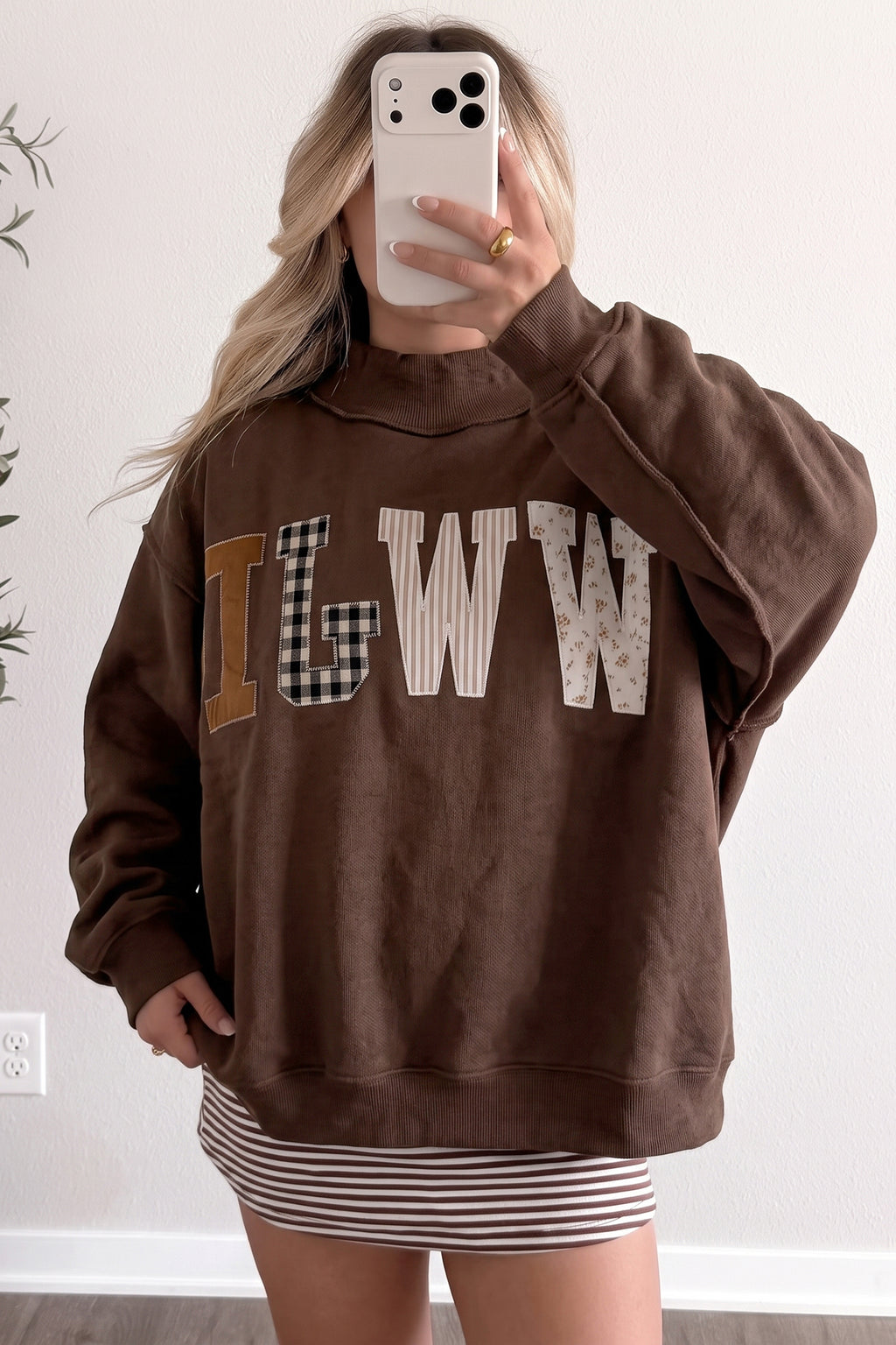 Coffee WWJD Mixed Pattern Embroidered Patch Graphic Mock Neck Sweatshirt PREORDER ETA 3 WEEKS