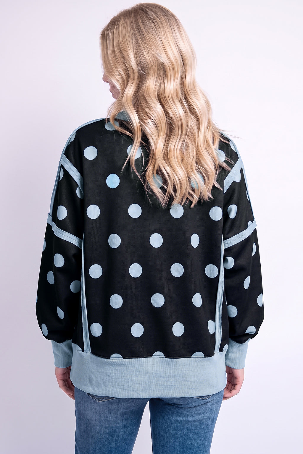 Black Polka Dot Contrast Patchwork Round Neck Baggy Sweatshirt PREORDER ETA 3 WEEKS