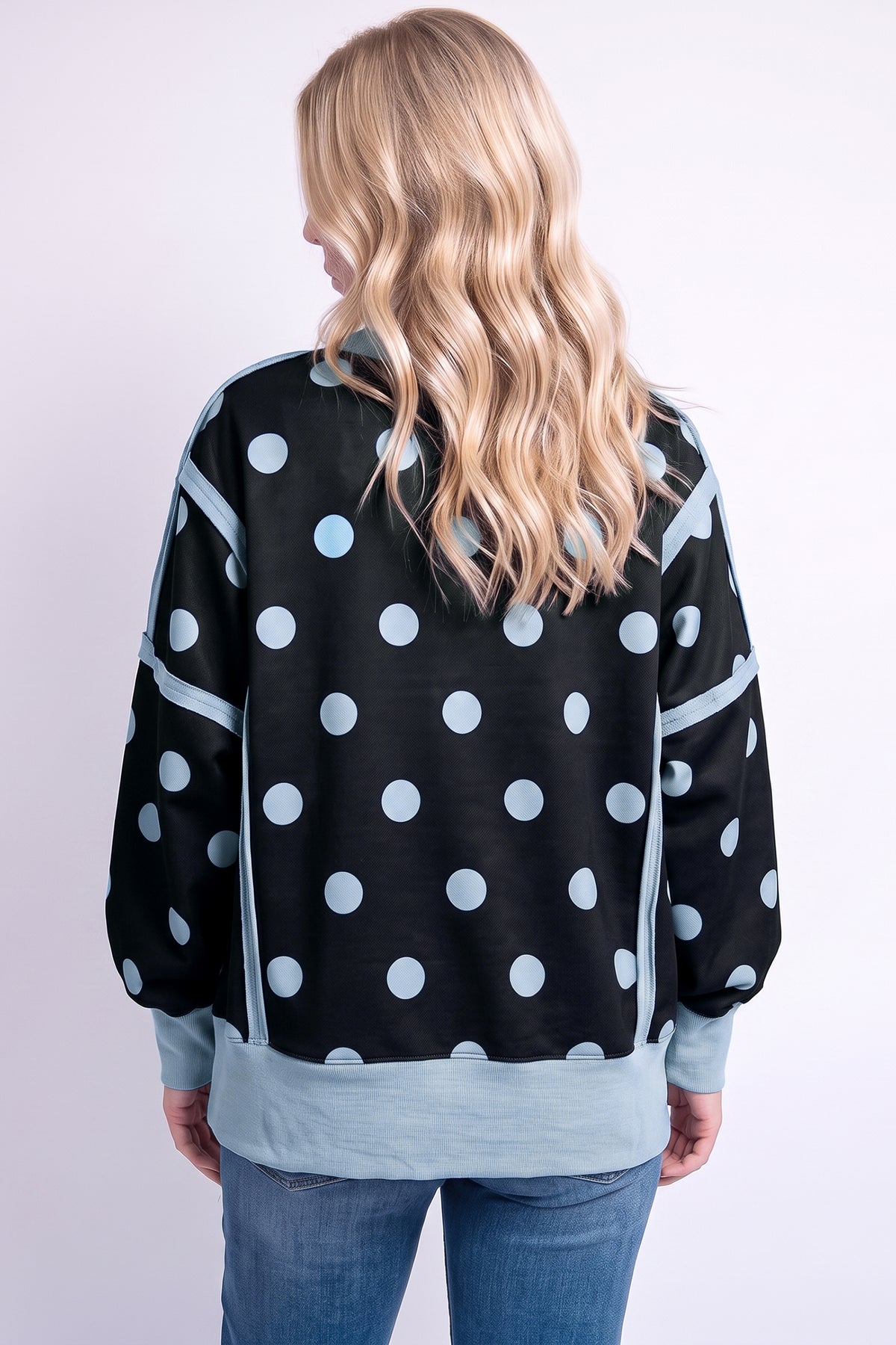Black Polka Dot Contrast Patchwork Round Neck Baggy Sweatshirt PREORDER ETA 3 WEEKS