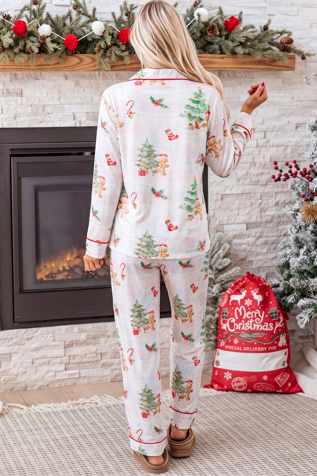 Pink Plaid Snowflake Christmas Gingerbread Man Print Long 2pcs Lounge Set PREORDER ETA 3 WEEKS