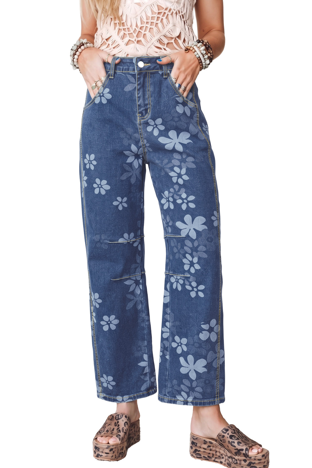 Blue Floral Print Ankle Length Casual Pocket Jeans PREORDER ETA 3 WEEKS