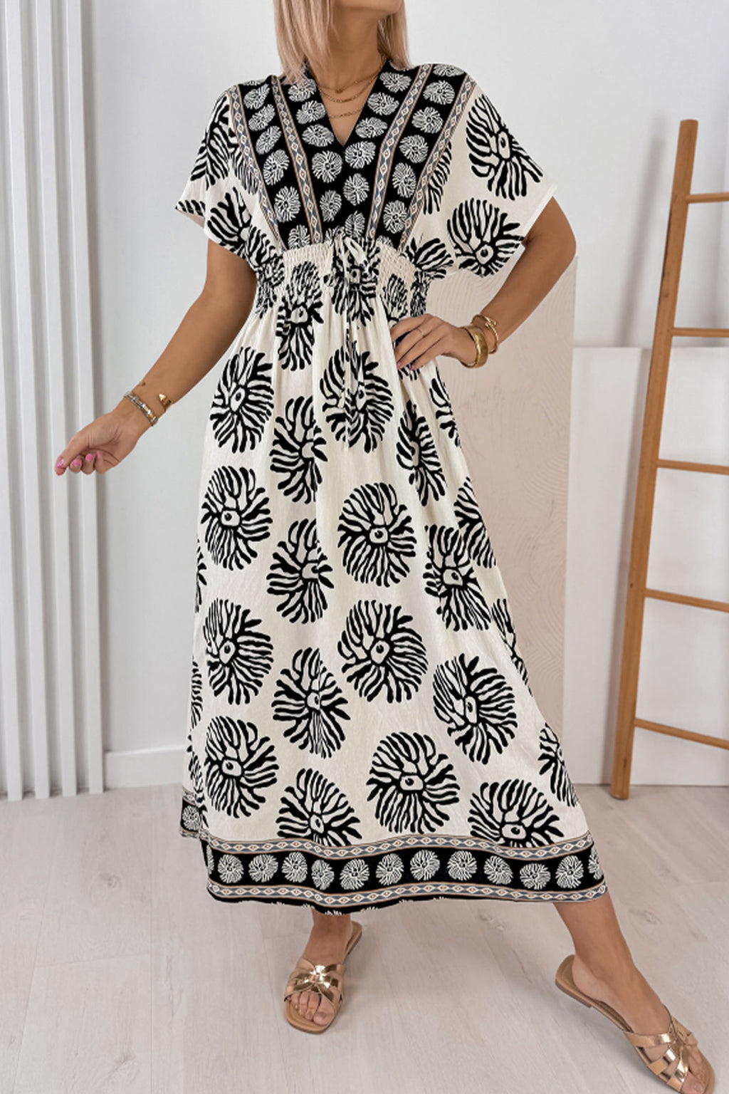 Blue Boho Floral Print Contrast Patchwork V Neck Dolman Maxi Dress PREORDER ETA 3 WEEKS