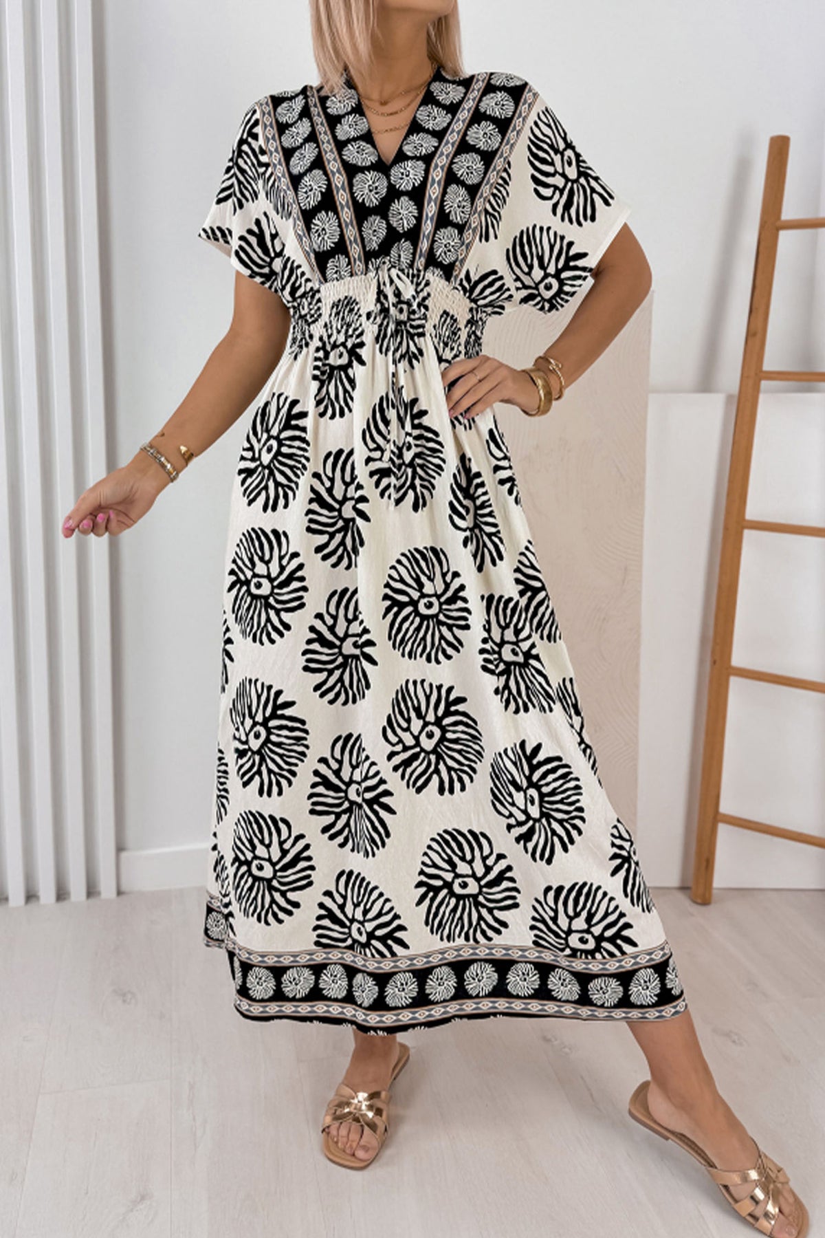 Blue Boho Floral Print Contrast Patchwork V Neck Dolman Maxi Dress PREORDER ETA 3 WEEKS