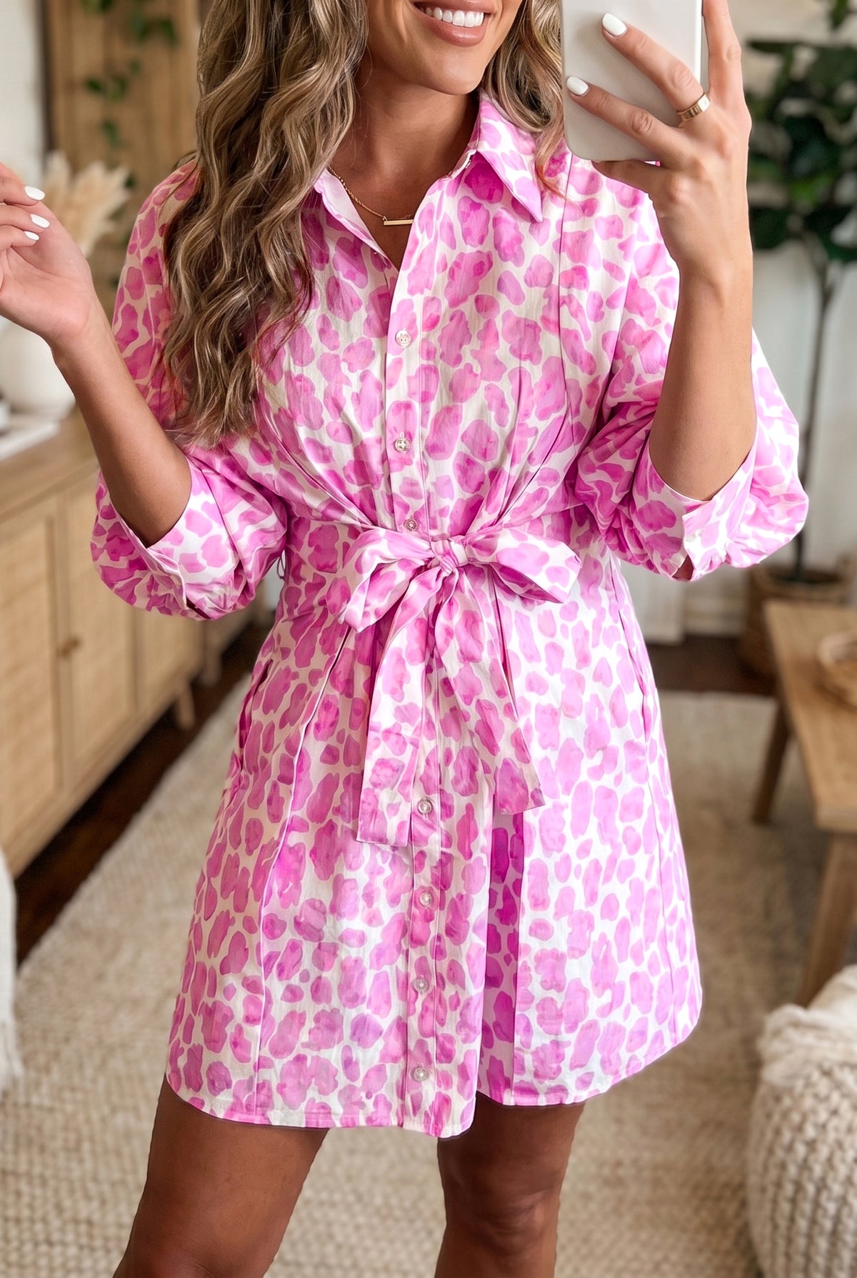 Pink Abstract Leopard Print Tie Waist Puff Sleeve Mini Shirt Dress PREORDER ETA 3 WEEKS