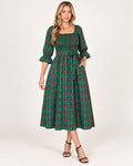 Green tartan plaid square neck midi dress