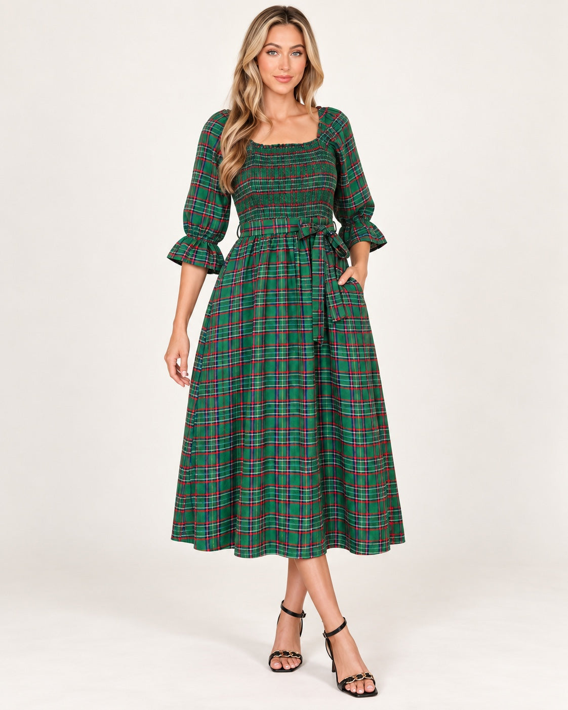 Green tartan plaid square neck midi dress
