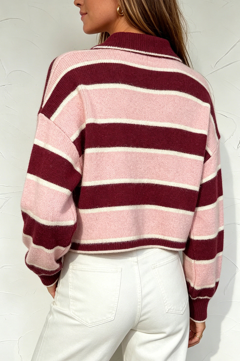 Pink Striped Polo Collar Long Sleeve Ribbed Cuff Casual Knit Sweater PREORDER ETA 3 WEEKS
