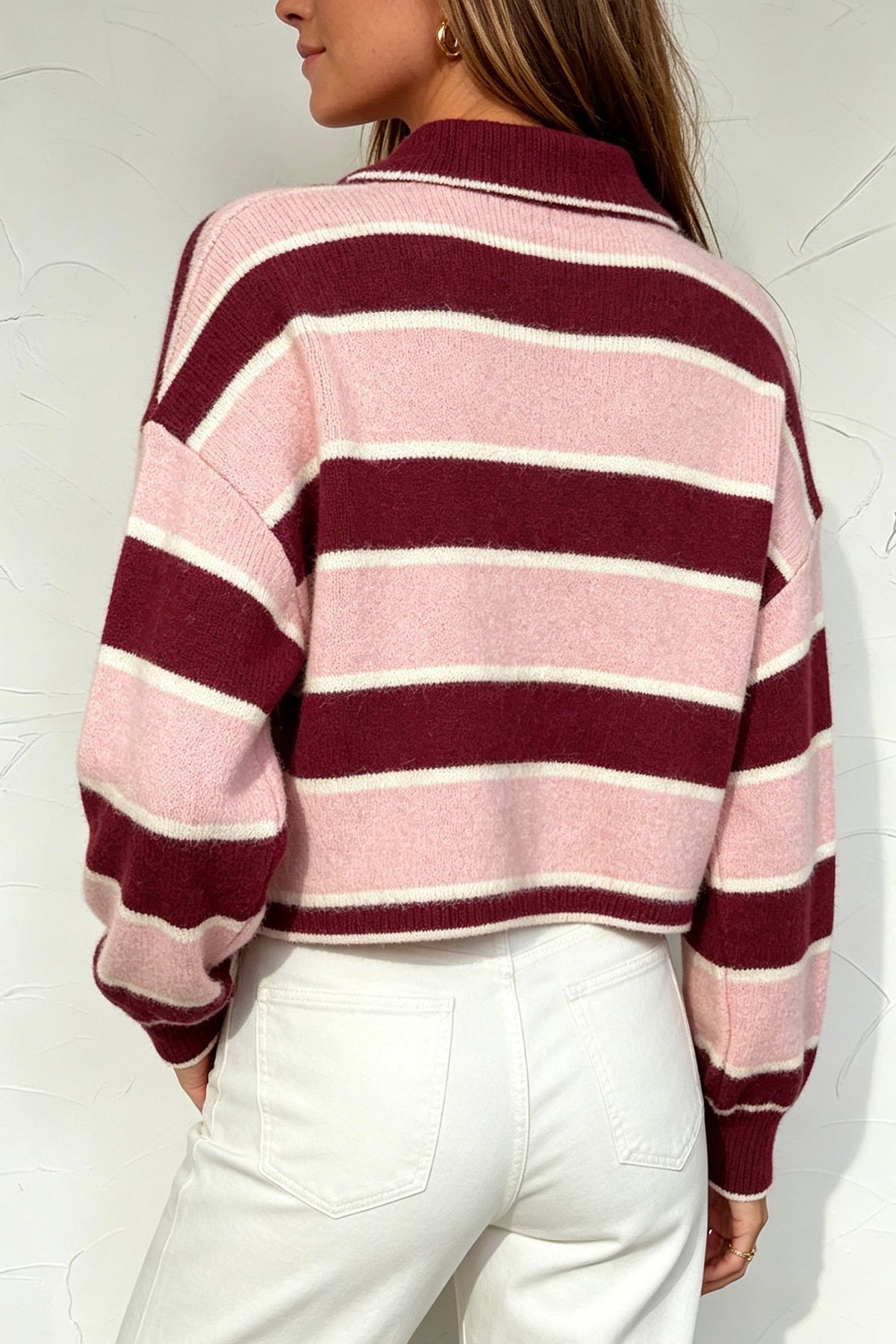 Pink Striped Polo Collar Long Sleeve Ribbed Cuff Casual Knit Sweater PREORDER ETA 3 WEEKS