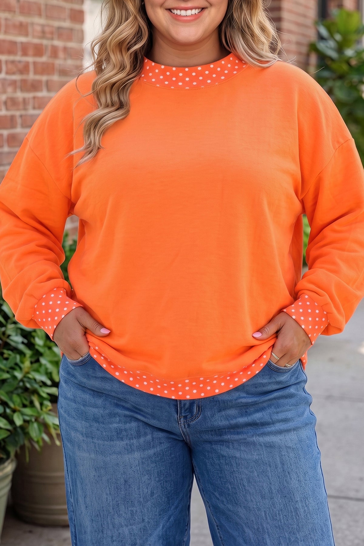 Brown Polka Dot Patchwork Round Neck Plus Size Sweatshirt PREORDER ETA 3 WEEKS