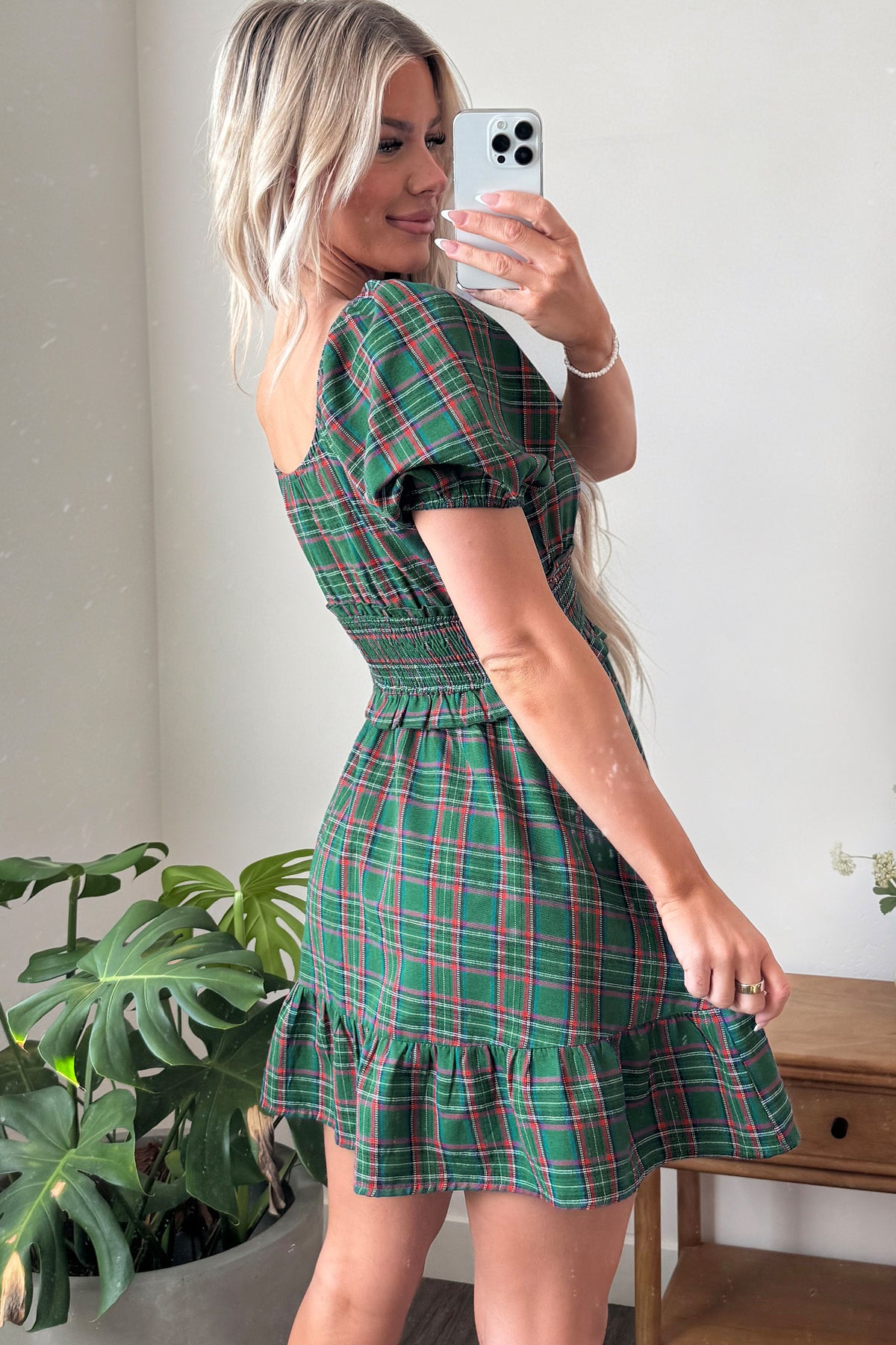 Green Plaid Shirred U Neck Short Sleeve Mini Dress PREORDER ETA 3 WEEKS