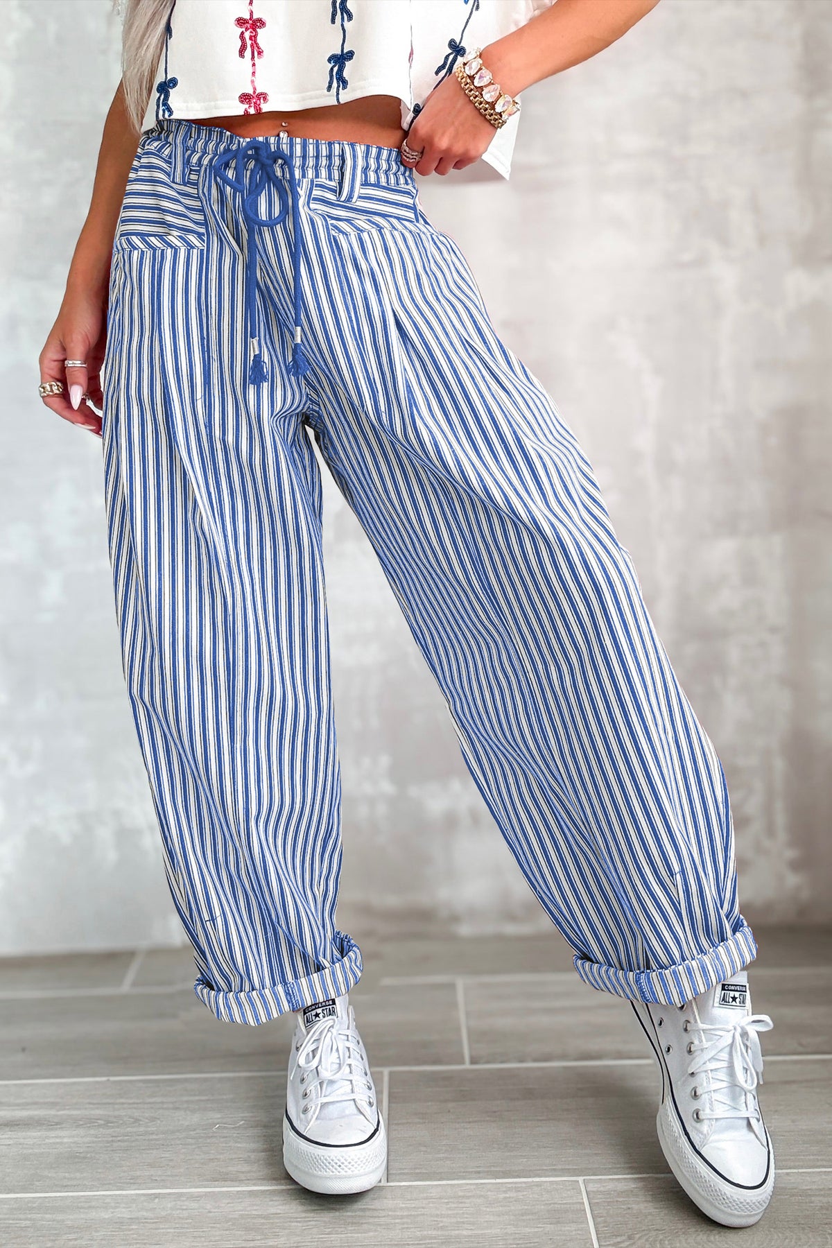 Blue Stripe Drawstring Casual Loose Pants PREORDER ETA 3 WEEKS