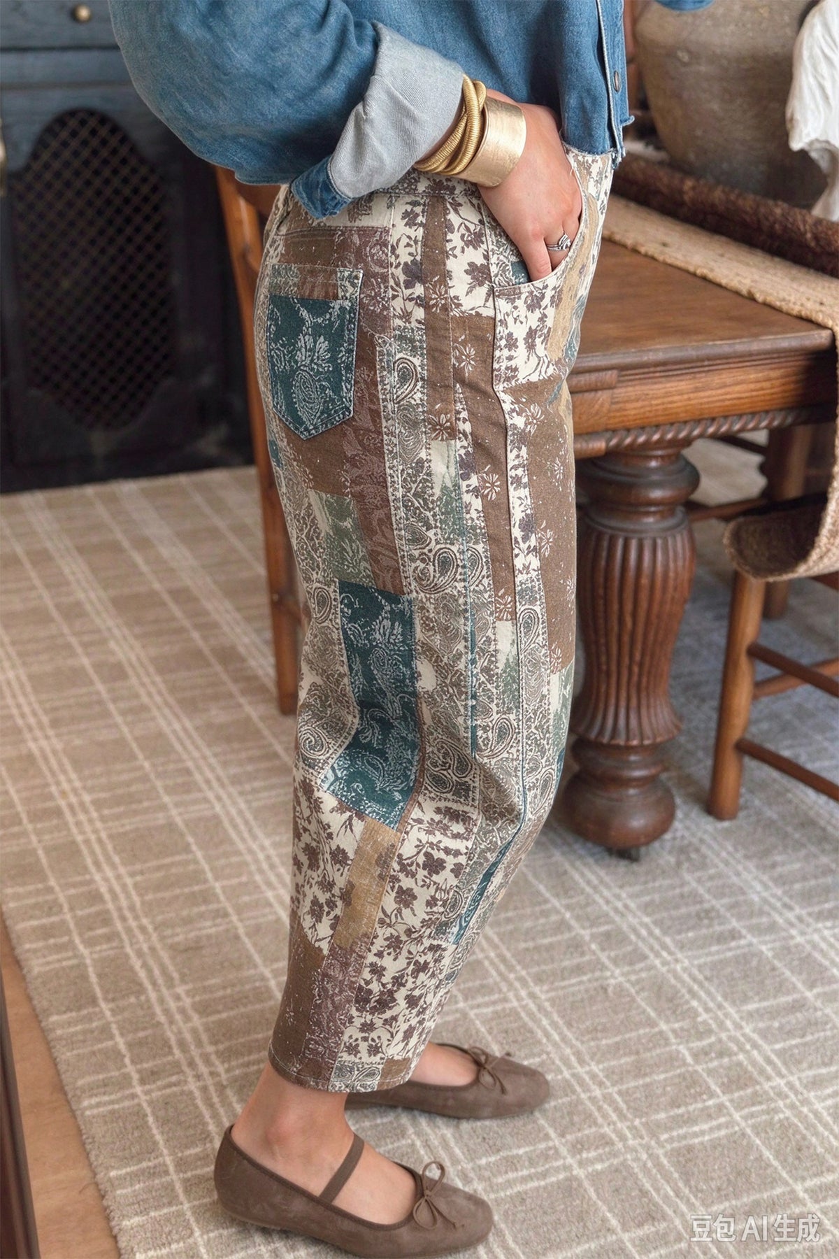Multicolour Boho Floral Patchwork Western Print Straight Leg Ankle-Length Jeans