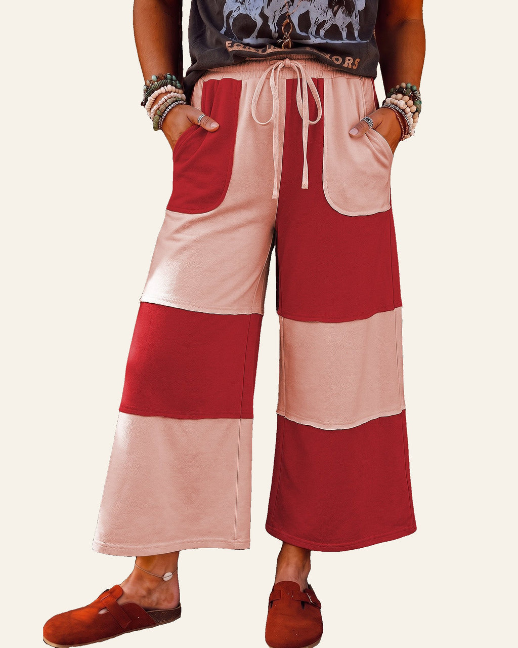 Fiery Red Raw Seam Colorblock Wide Leg Ankle Length Casual Pants