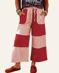 Fiery Red Raw Seam Colorblock Wide Leg Ankle Length Casual Pants