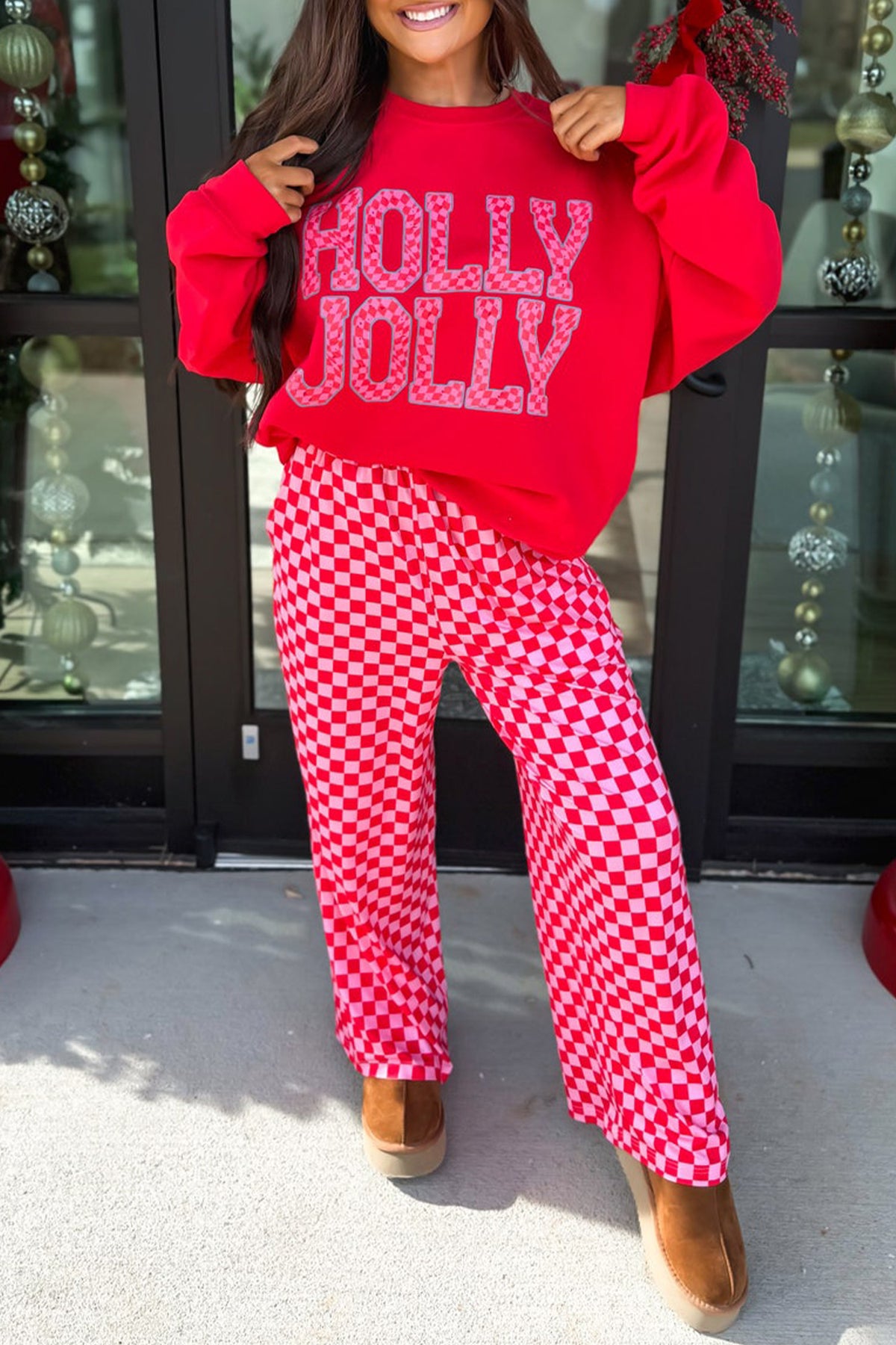 Pink Christmas Slogan Graphic Plaid Contrast Two-piece Pant Set PREORDER ETA 3 WEEKS