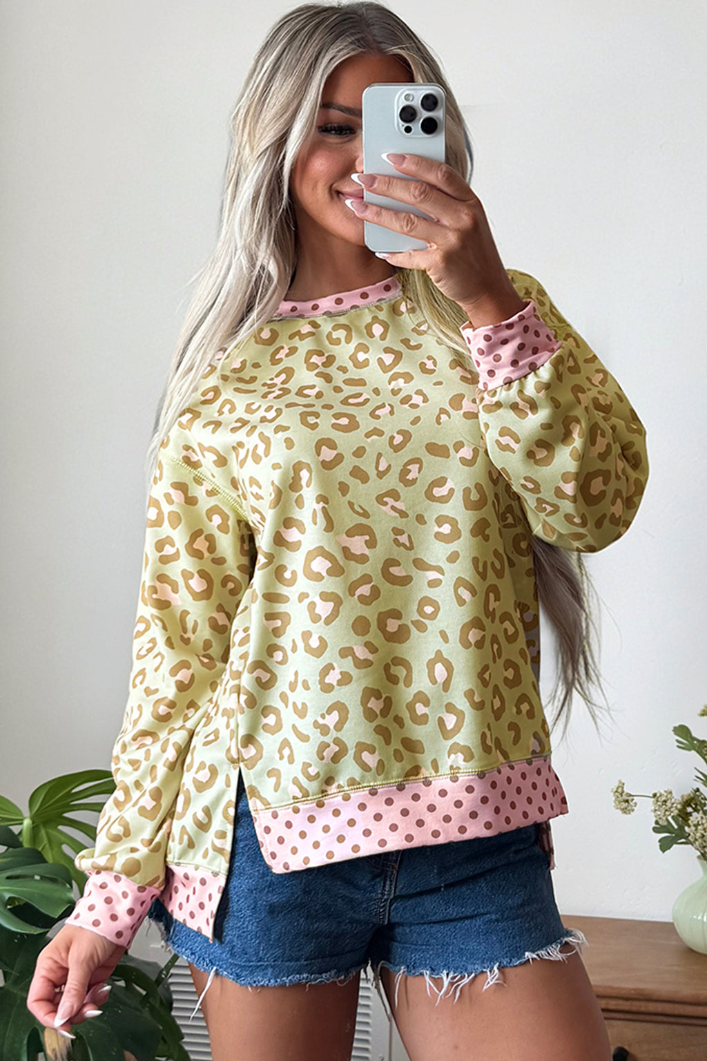 Khaki Leopard Polka Dot Colorblock Trim Long Sleeve Top PREORDER ETA 3 WEEKS