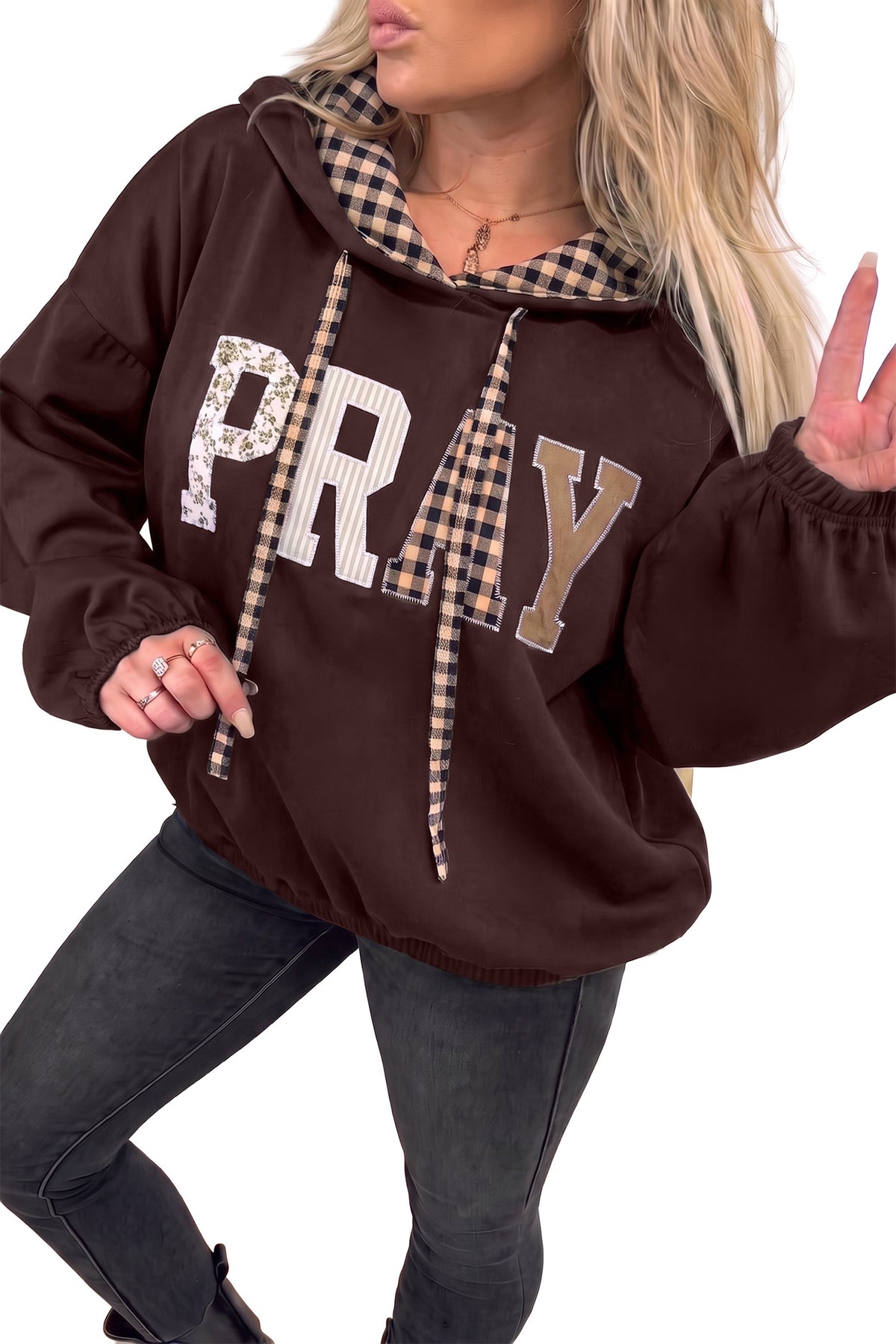Chicory Coffee PRAY Mix Pattern Letter Graphic Plaid Contrast Drawstring Hoodie PREORDER ETA 3 WEEKS