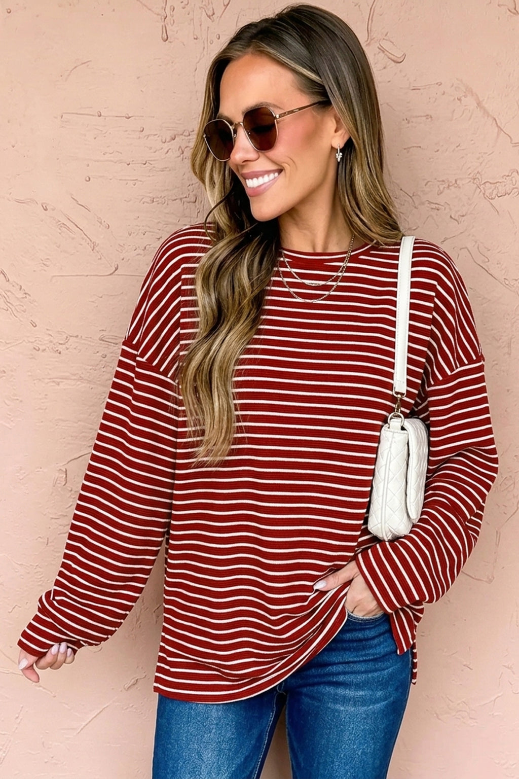 Red Stripe Drop Shoulder Long Sleeve Top PREORDER ETA 3 WEEKS