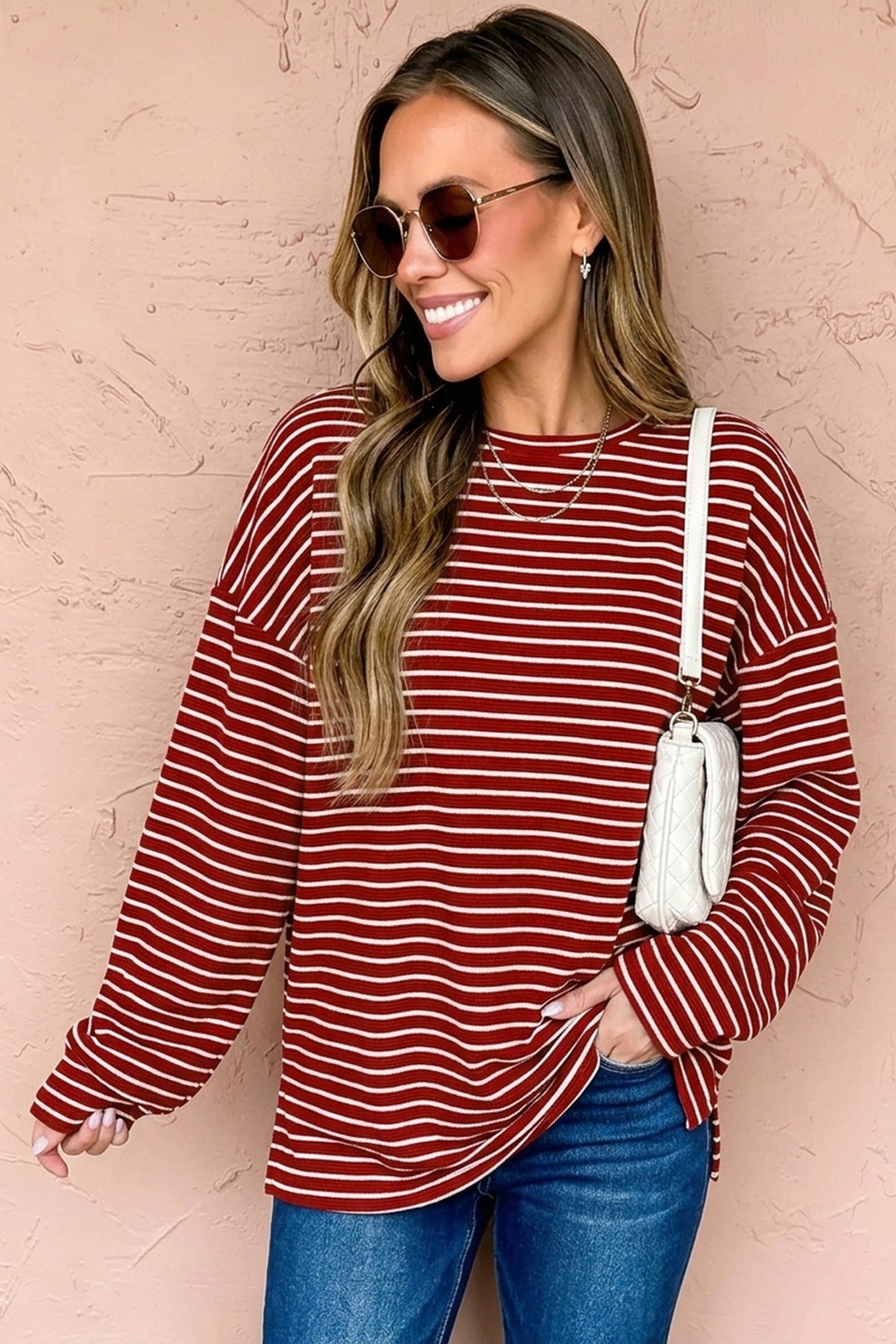 Red Stripe Drop Shoulder Long Sleeve Top PREORDER ETA 3 WEEKS