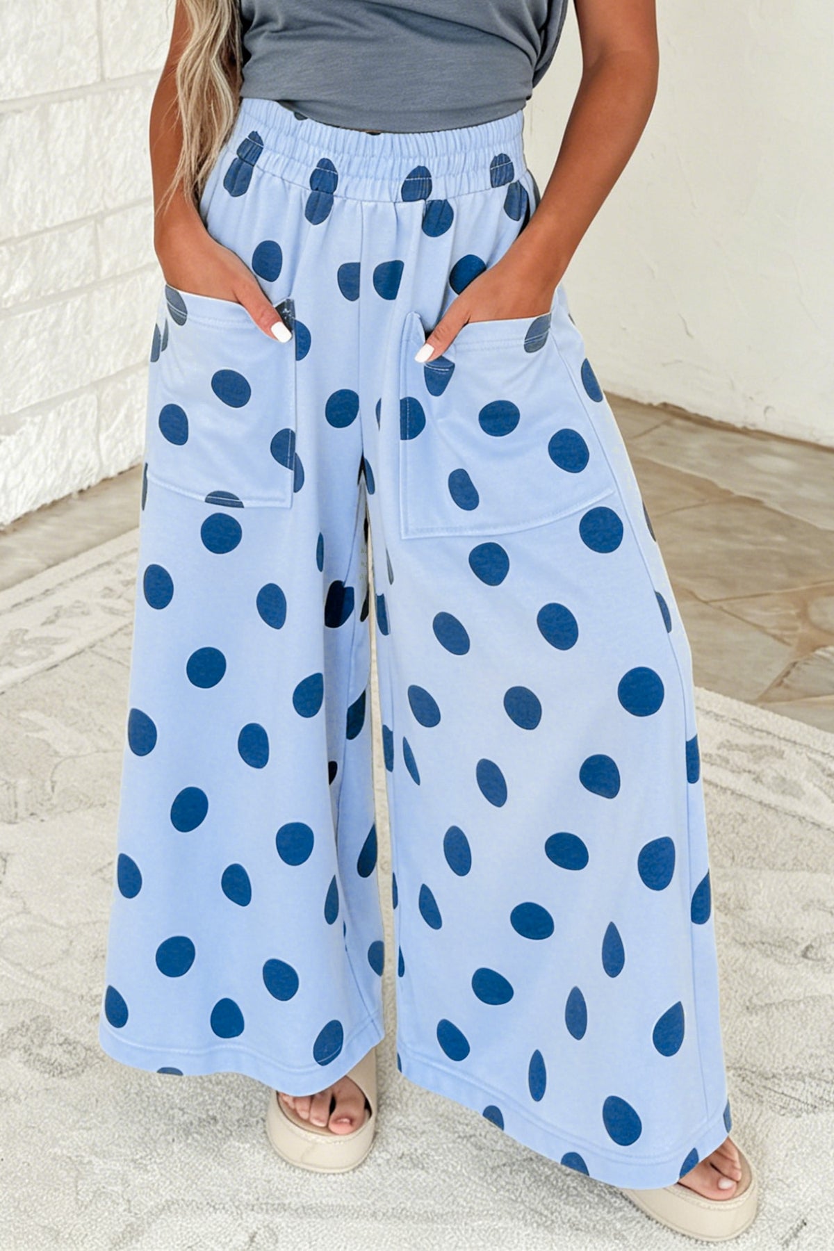 Sky Blue Polka Dot Wide Leg Elastic Waist Casual Pants PREORDER ETA 3 WEEKS