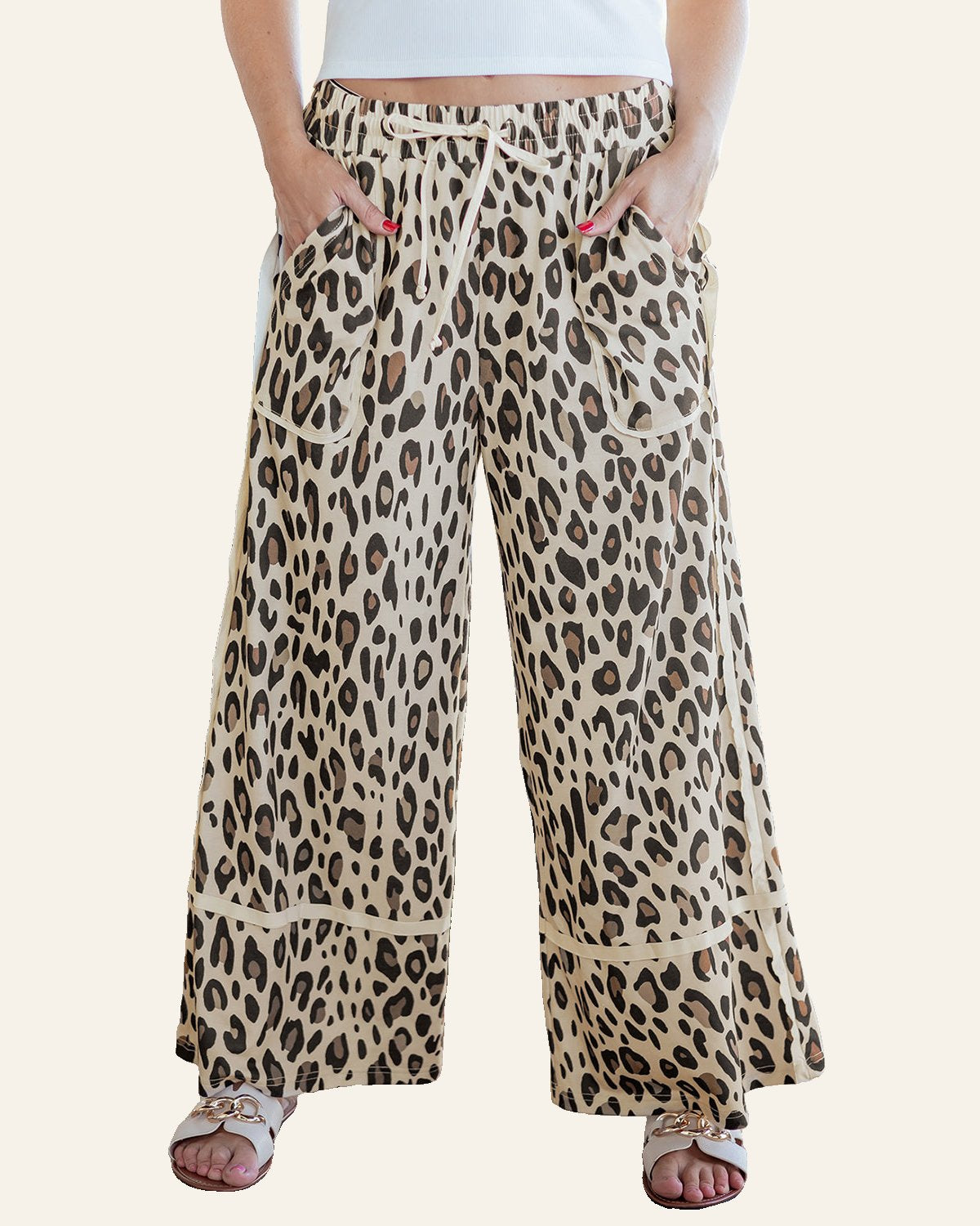 Khaki Leopard Wide Leg Cropped Pants