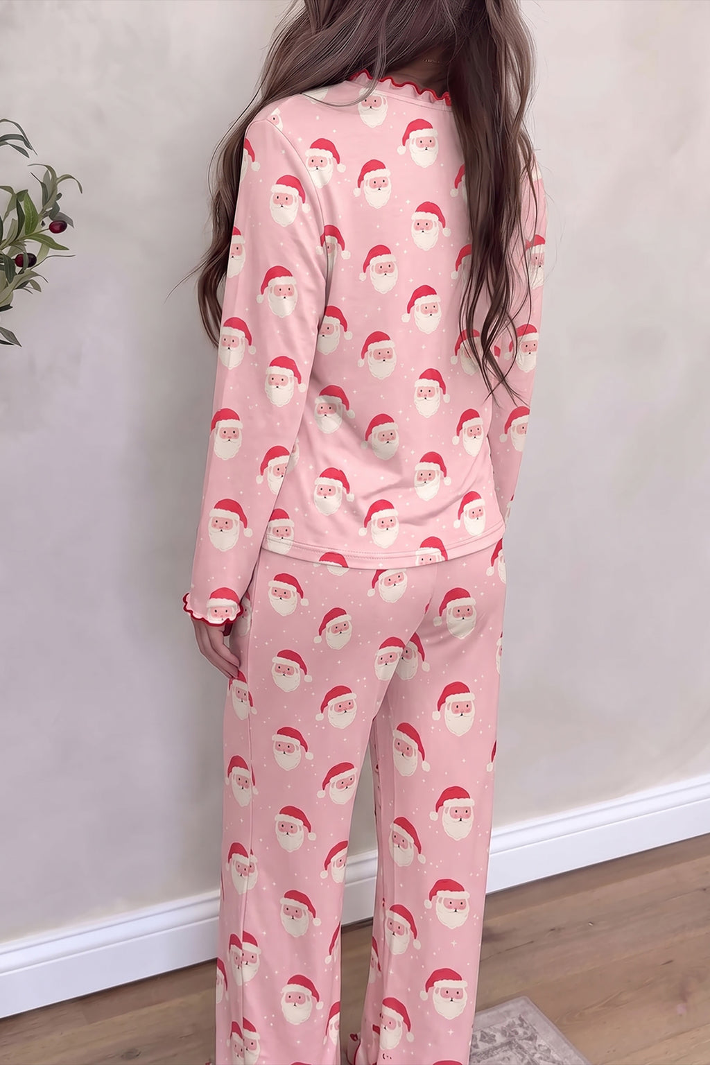 Pink Christmas Santa Print Frilled Button Front Long Sleeve Top Lounge Pant Set PREORDER ETA 3 WEEKS