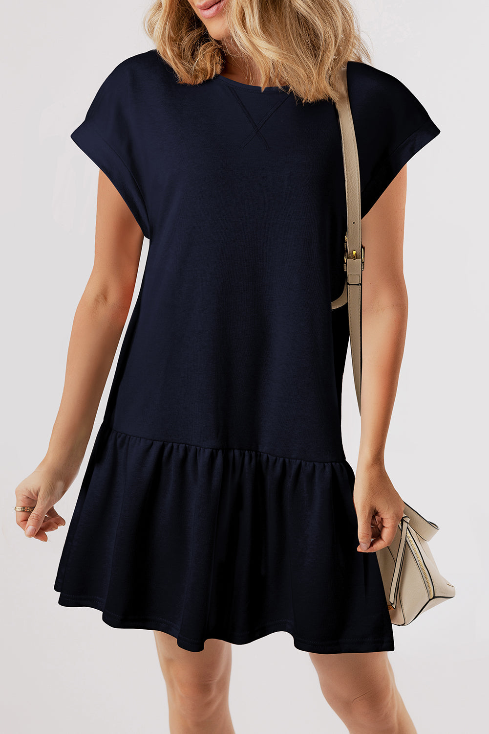 Navy Blue Solid Color Cap Sleeve Ruffle Hem Casual Short Dress PREORDER ETA 3 WEEKS