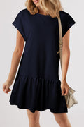 Navy Blue Solid Color Cap Sleeve Ruffle Hem Casual Short Dress PREORDER ETA 3 WEEKS