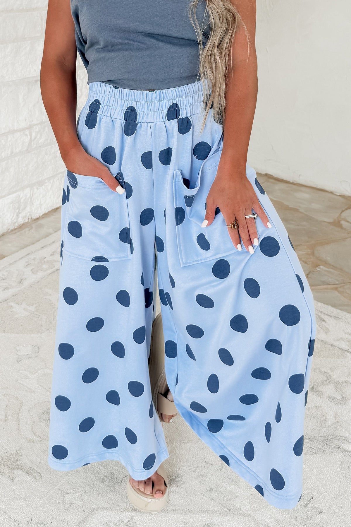 Sky Blue Polka Dot Wide Leg Elastic Waist Casual Pants PREORDER ETA 3 WEEKS