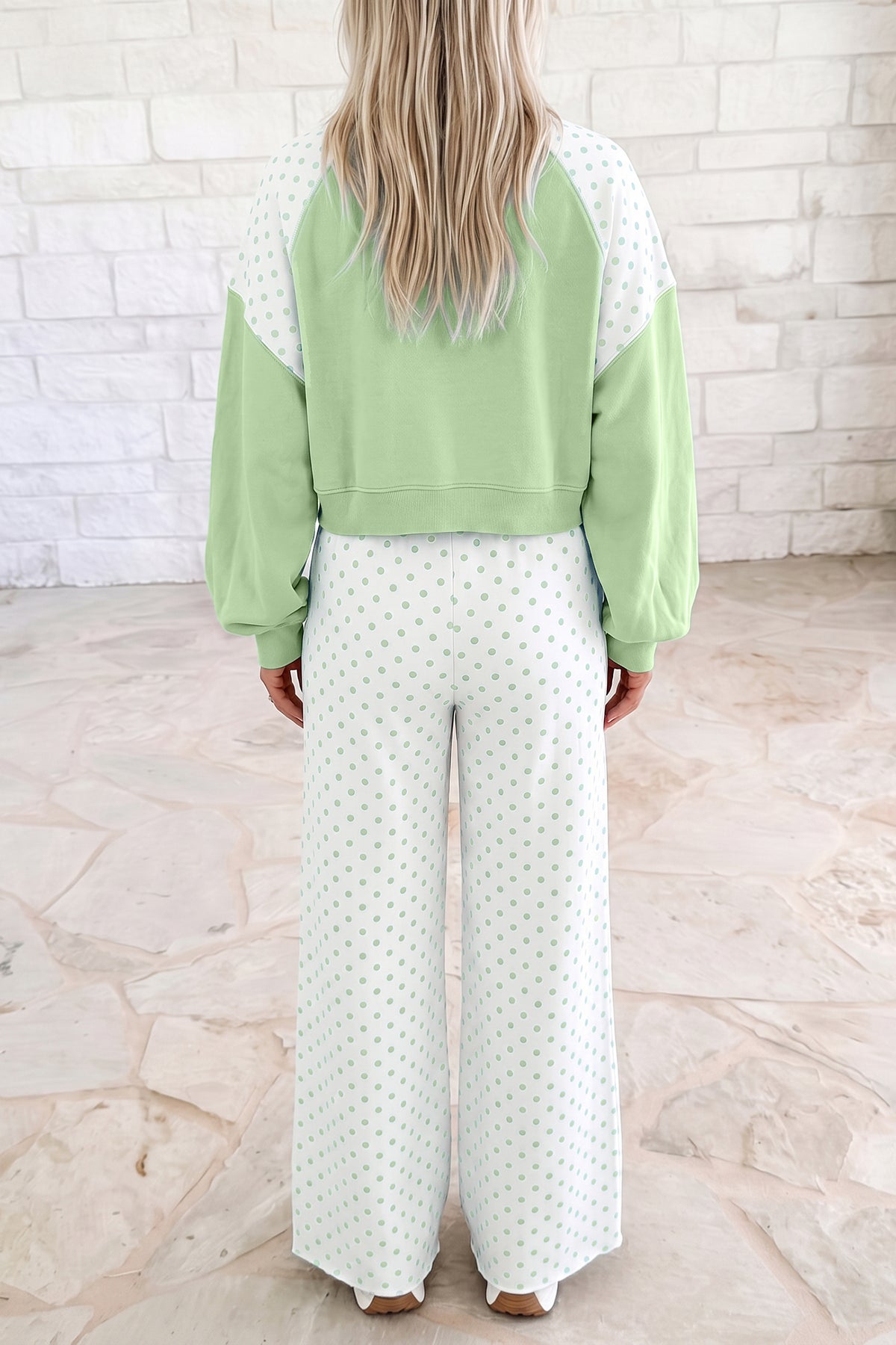 Green Polka Dot Patchwork Colorblock Long Sleeve Casual Two Piece Pants Set PREORDER ETA 3 WEEKS