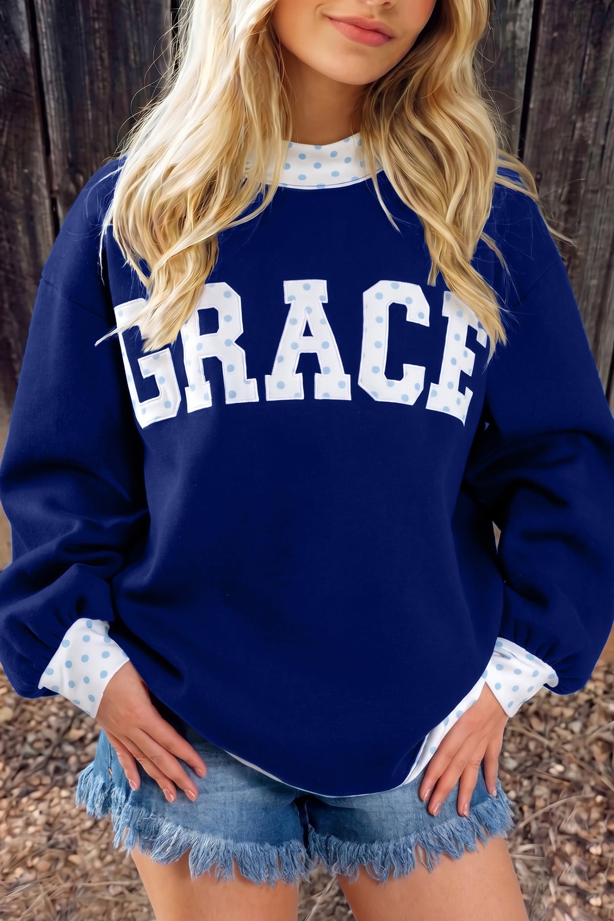 Dirty blue Polka Dot Trim High Neck GRACE Letter Graphic Baggy Sweatshirt PREORDER ETA 3 WEEKS