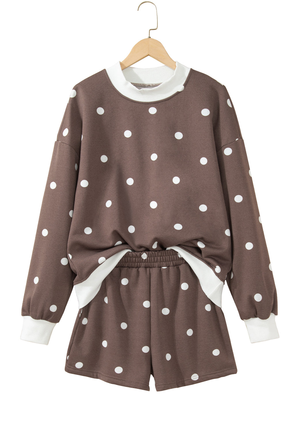 Brown Polka Dot Ribbed Trim Long Sleeve Top Casual Short Set PREORDER ETA 3 WEEKS