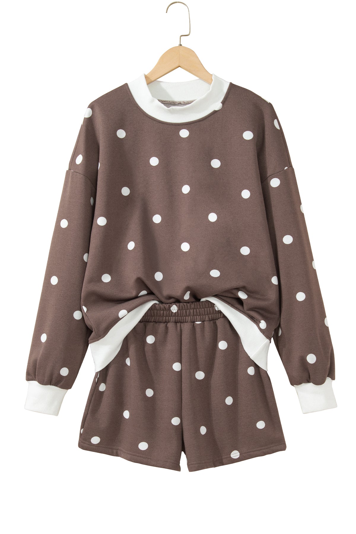 Brown Polka Dot Ribbed Trim Long Sleeve Top Casual Short Set PREORDER ETA 3 WEEKS