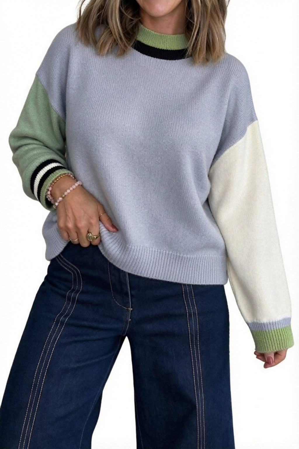 Multicolour Color Block Mock Neck Loose Pullover Sweater PREORDER ETA 3 WEEKS
