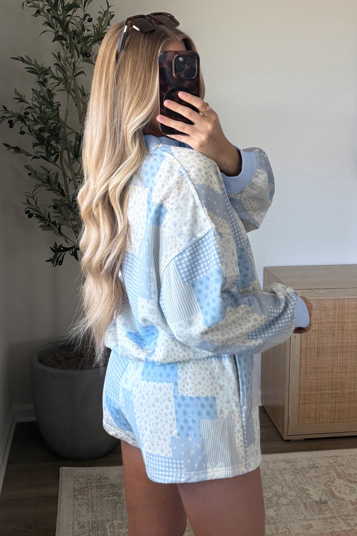Sky Blue Patchwork Floral Print Drop Shoulder Baggy Pullover Drawstring Shorts Set PREORDER ETA 3 WEEKS