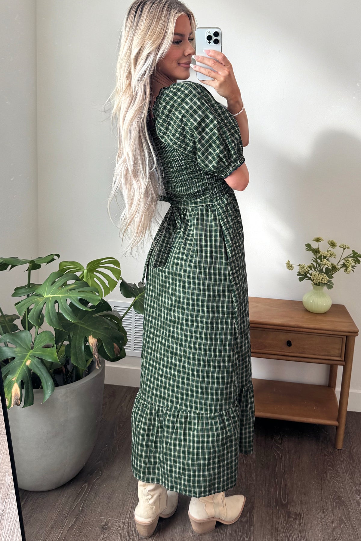 Green Plaid Square Neck Shirred High Waist Ruffle Hem Dress PREORDER ETA 3 WEEKS